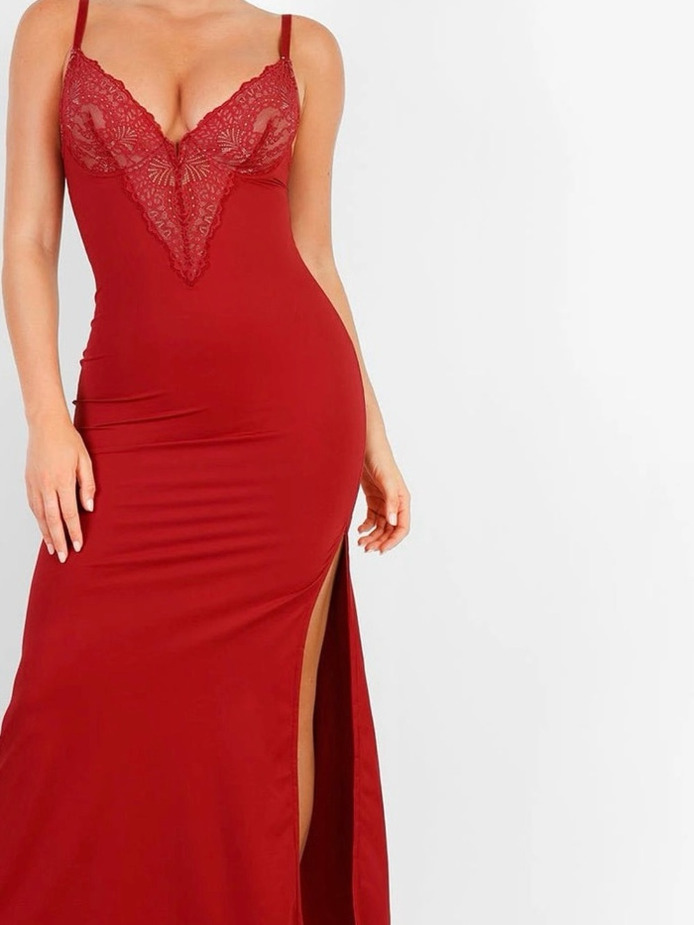 Shapewear Lace V Neck Side Slit
Slimming Maxi Slip Dress